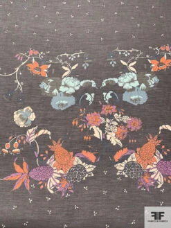 Bonsai Printed Silk-Cotton Voile Panel - Dark Khaki Grey / Orange / Light Blue / Beige