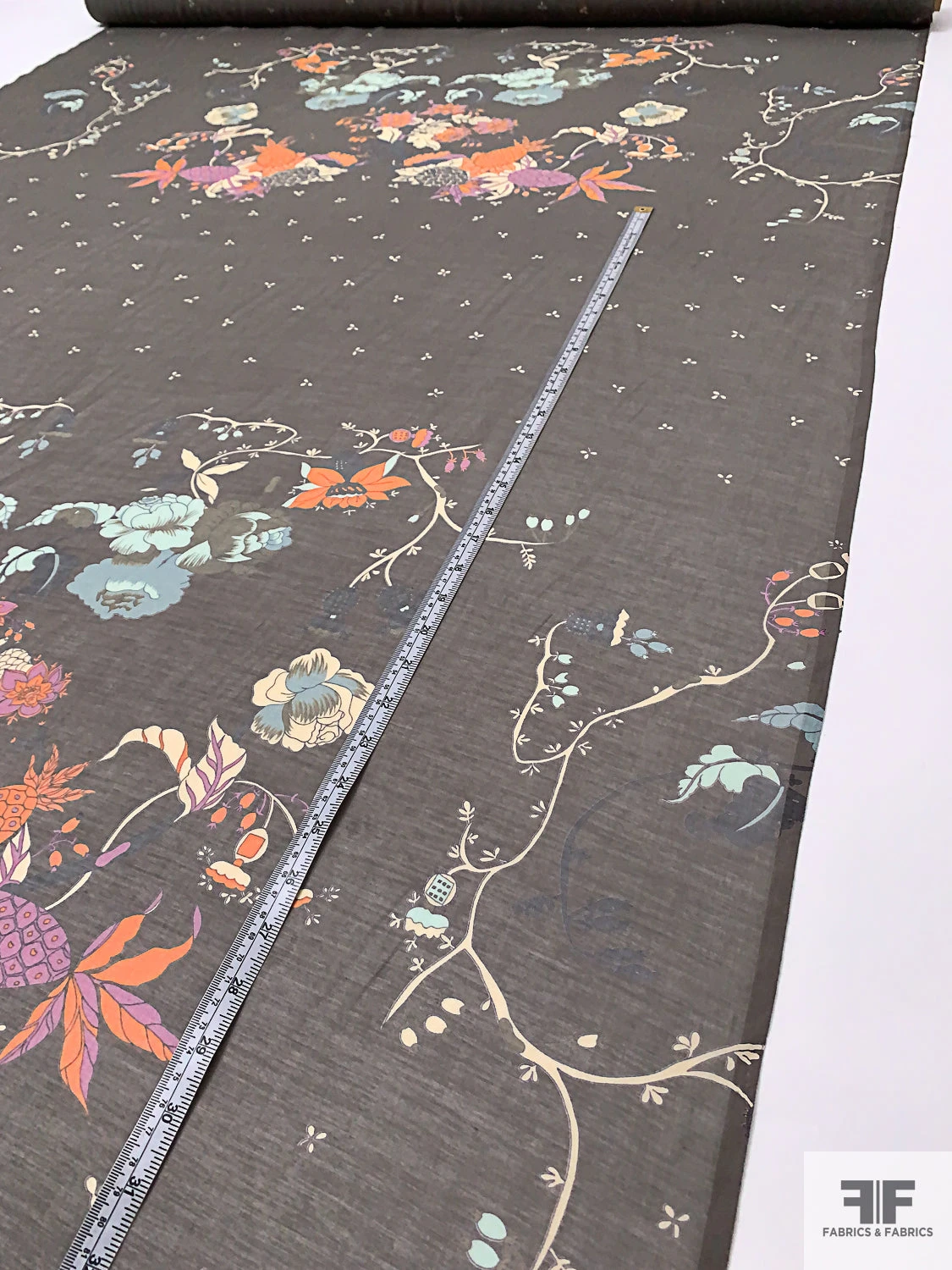 Bonsai Printed Silk-Cotton Voile Panel - Dark Khaki Grey / Orange / Light Blue / Beige 10 Bonsai Printed Silk-Cotton Voile Panel - Dark Khaki Grey / Orange / Light Blue / Beige - Image 8