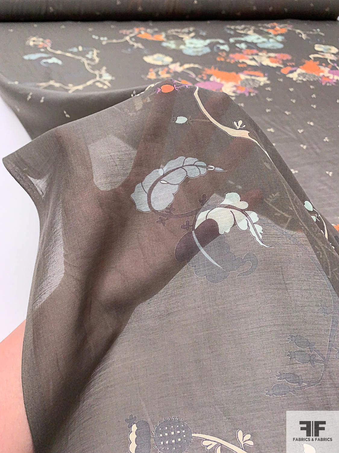 Bonsai Printed Silk-Cotton Voile Panel - Dark Khaki Grey / Orange / Light Blue / Beige 11 Bonsai Printed Silk-Cotton Voile Panel - Dark Khaki Grey / Orange / Light Blue / Beige - Image 9