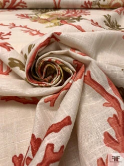Nautical Coral Motif Linen-Weave Cotton - Burnt Coral / Olive Greens / Sand -Fabrics And Fabrics Store 18770 3