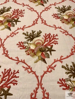 Nautical Coral Motif Linen-Weave Cotton - Burnt Coral / Olive Greens / Sand -Fabrics And Fabrics Store 18770 4