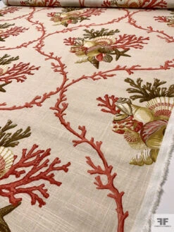 Nautical Coral Motif Linen-Weave Cotton - Burnt Coral / Olive Greens / Sand -Fabrics And Fabrics Store 18770 6