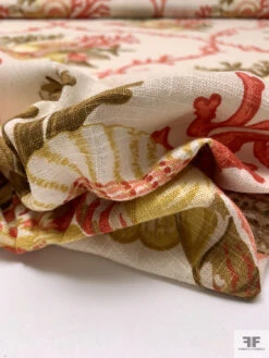 Nautical Coral Motif Linen-Weave Cotton - Burnt Coral / Olive Greens / Sand -Fabrics And Fabrics Store 18770 8