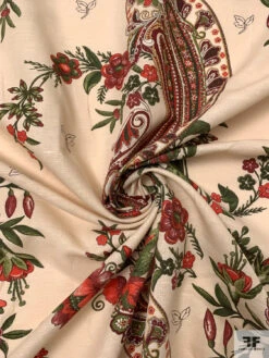 Paisley Floral Printed Cotton-Linen Blend - Maroon / Red / Pickle Green / Sand