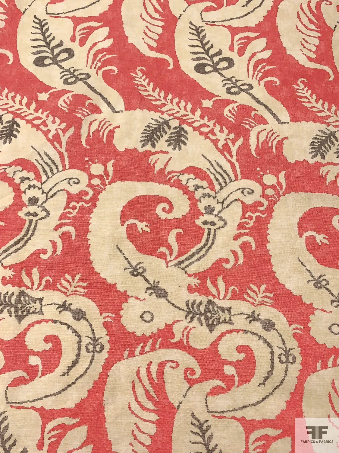 Leaf Motif Printed Linen-Weave Cotton - Coral / Purplish Grey / Cream 5 Leaf Motif Printed Linen-Weave Cotton - Coral / Purplish Grey / Cream - Image 3