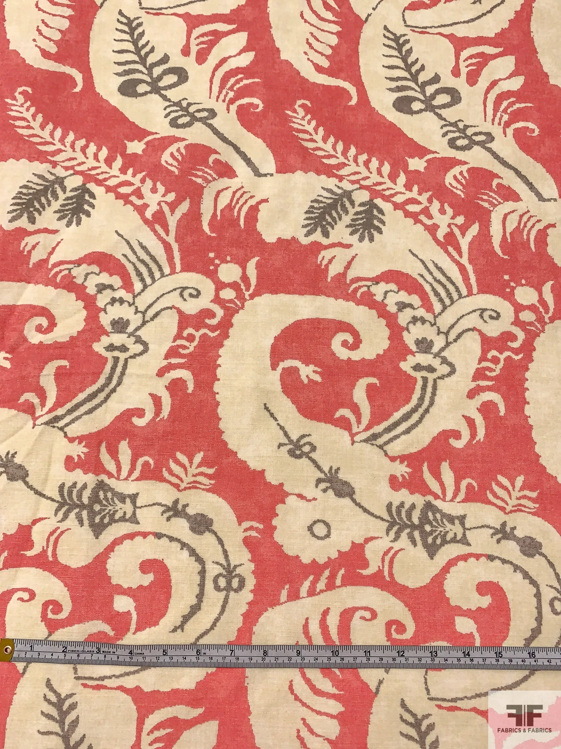 Leaf Motif Printed Linen-Weave Cotton - Coral / Purplish Grey / Cream 6 Leaf Motif Printed Linen-Weave Cotton - Coral / Purplish Grey / Cream - Image 4