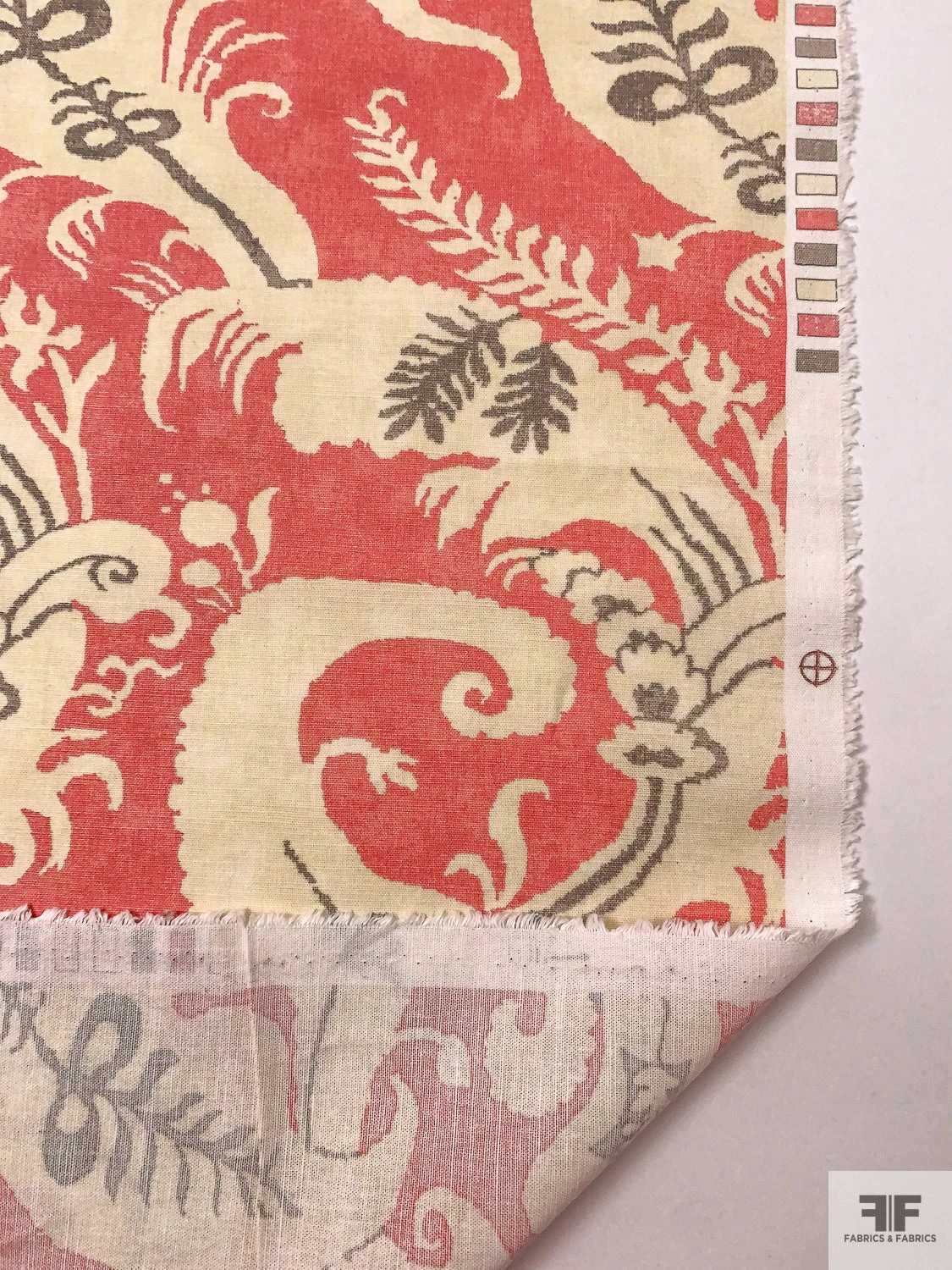 Leaf Motif Printed Linen-Weave Cotton - Coral / Purplish Grey / Cream 8 Leaf Motif Printed Linen-Weave Cotton - Coral / Purplish Grey / Cream - Image 6