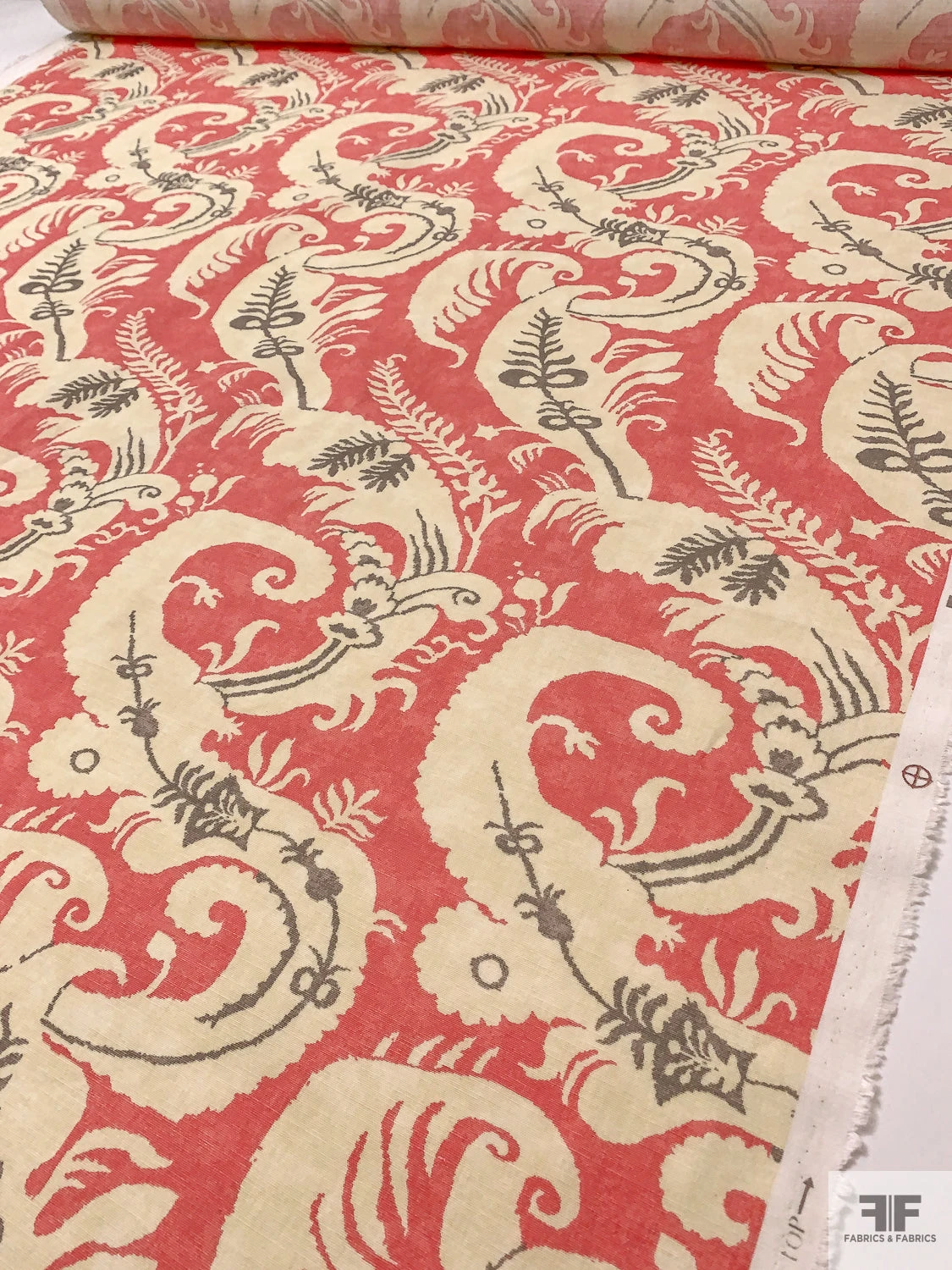 Leaf Motif Printed Linen-Weave Cotton - Coral / Purplish Grey / Cream 9 Leaf Motif Printed Linen-Weave Cotton - Coral / Purplish Grey / Cream - Image 7