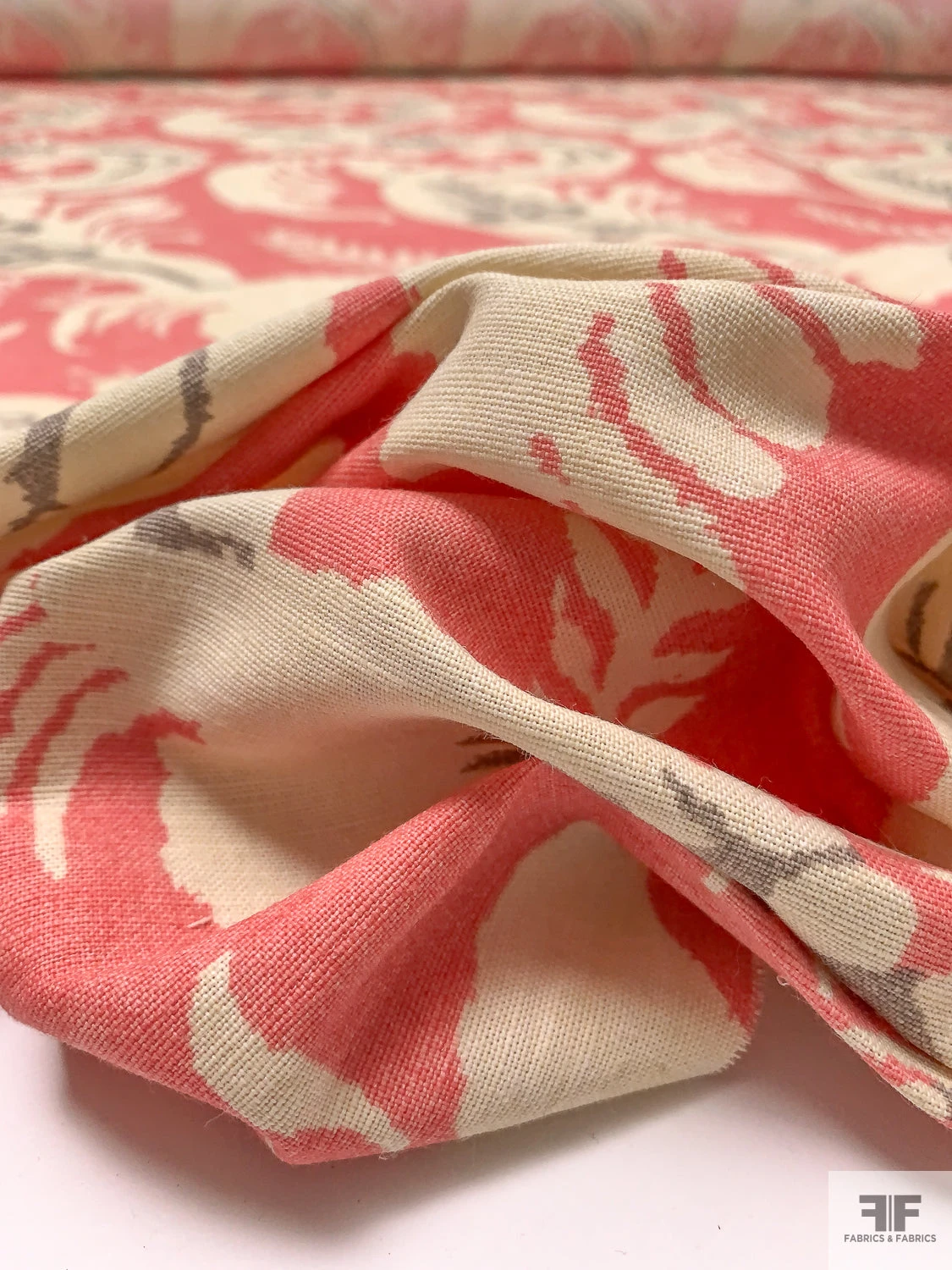Leaf Motif Printed Linen-Weave Cotton - Coral / Purplish Grey / Cream 11 Leaf Motif Printed Linen-Weave Cotton - Coral / Purplish Grey / Cream - Image 9