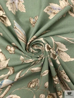 Floral Leaf Branches And Birds Printed Linen-Weave Cotton - Vintage Sage / Blue / Taupe / Sand