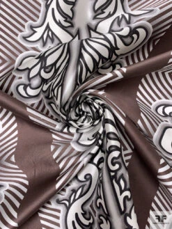 Regal And Chevron Printed Cotton-Silk Mikado - Brown / Black / Ivory -Fabrics And Fabrics Store 18832 1