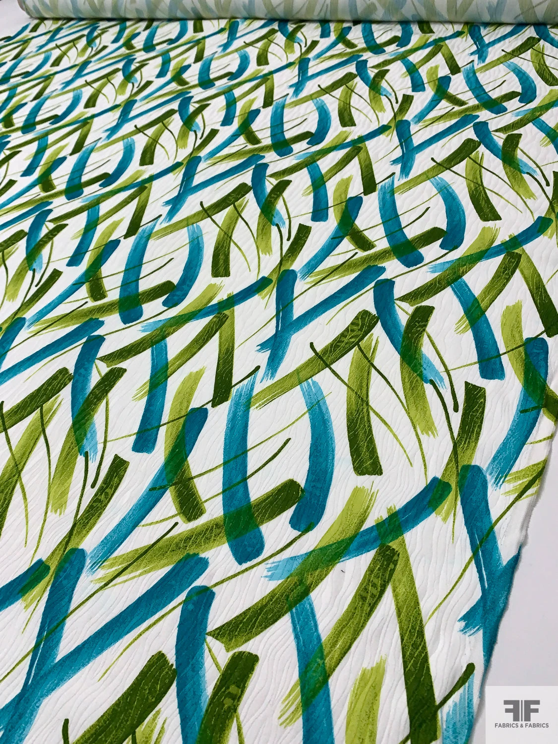 Made In Switzerland Brushstroke Streaks Printed Cotton Jacquard Brocade - Turquoise / Pear Green / White 4 Made In Switzerland Brushstroke Streaks Printed Cotton Jacquard Brocade - Turquoise / Pear Green / White - Image 2