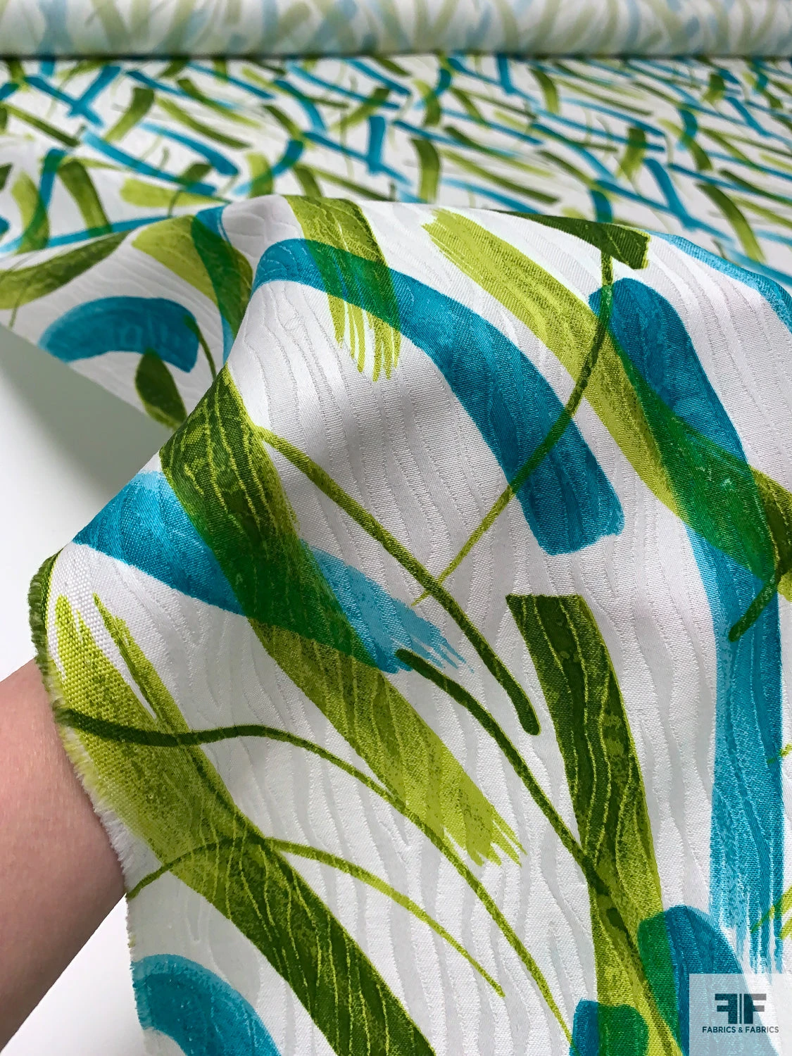 Made In Switzerland Brushstroke Streaks Printed Cotton Jacquard Brocade - Turquoise / Pear Green / White 11 Made In Switzerland Brushstroke Streaks Printed Cotton Jacquard Brocade - Turquoise / Pear Green / White - Image 9