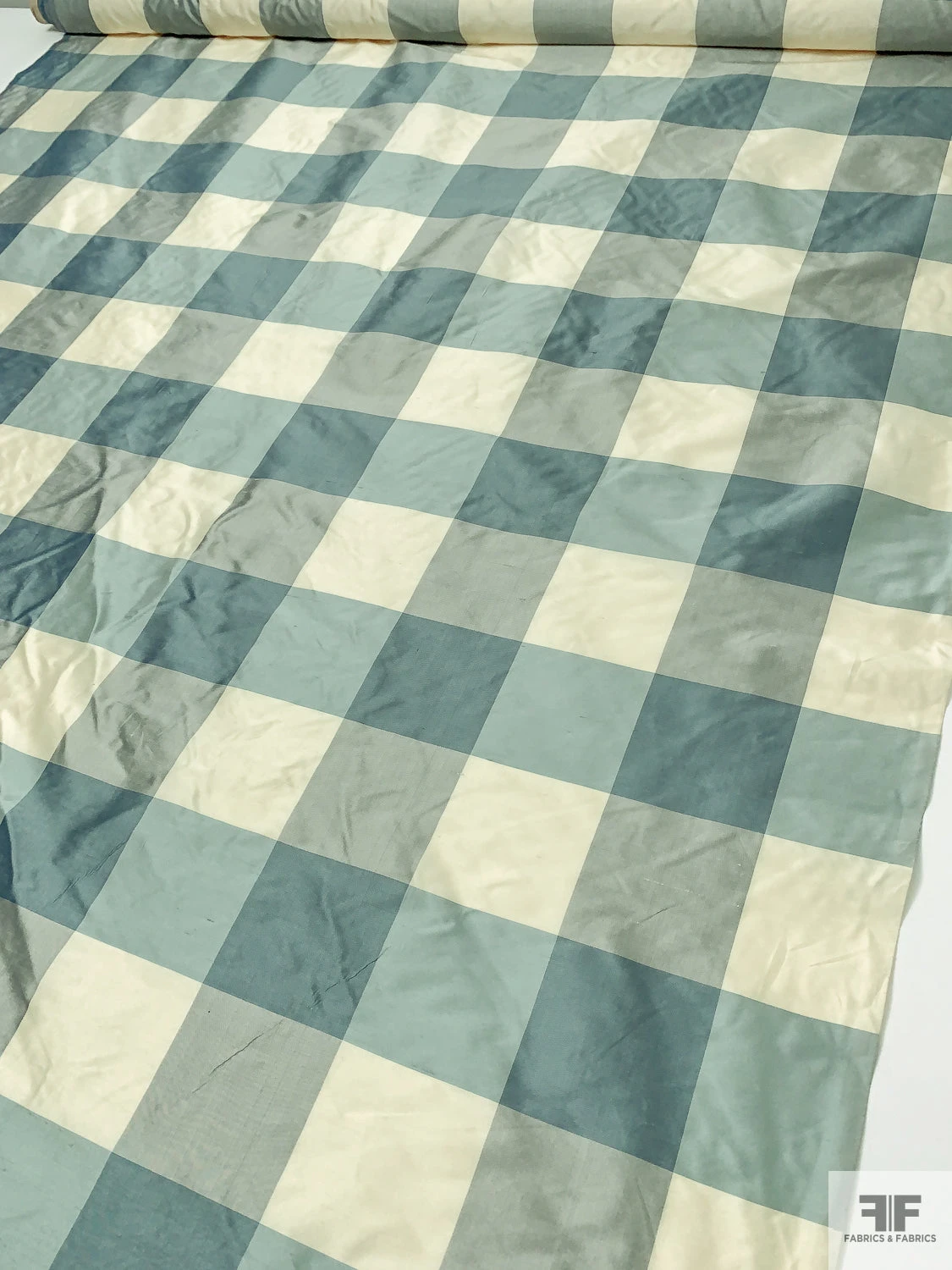 Buffalo Plaid Yarn-Dyed Silk Shantung - Dusty Aqua / Grey / Cream 4 Buffalo Plaid Yarn-Dyed Silk Shantung - Dusty Aqua / Grey / Cream - Image 2