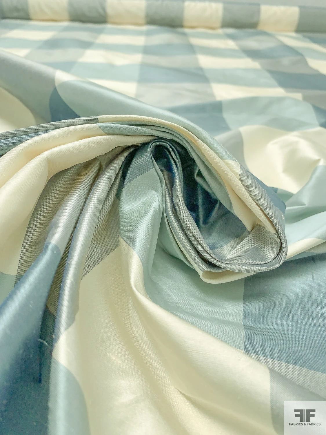 Buffalo Plaid Yarn-Dyed Silk Shantung - Dusty Aqua / Grey / Cream 6 Buffalo Plaid Yarn-Dyed Silk Shantung - Dusty Aqua / Grey / Cream - Image 4