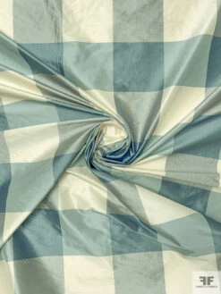 Buffalo Plaid Yarn-Dyed Silk Shantung - Dusty Aqua / Grey / Cream