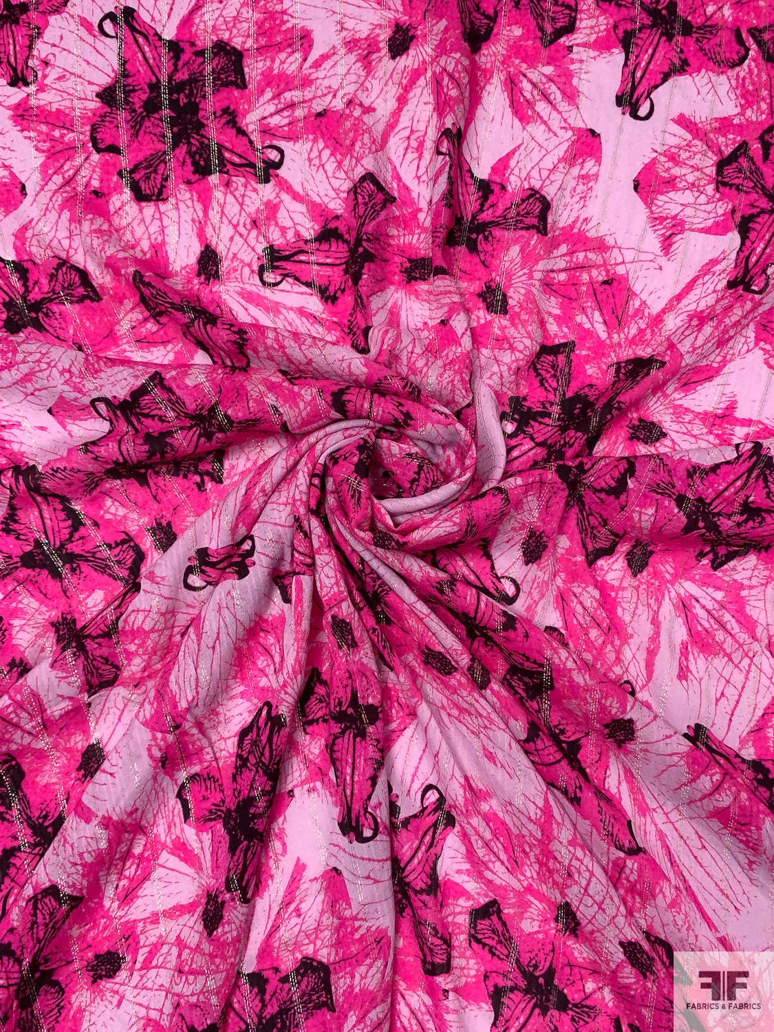 Italian Exotic Floral Printed Viscose Challis With Lurex Pinstripes - Fuchsia / Black / Gold / Silver 6 Italian Exotic Floral Printed Viscose Challis With Lurex Pinstripes - Fuchsia / Black / Gold / Silver - Image 4