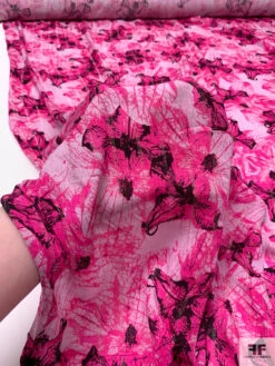Italian Exotic Floral Printed Viscose Challis With Lurex Pinstripes - Fuchsia / Black / Gold / Silver