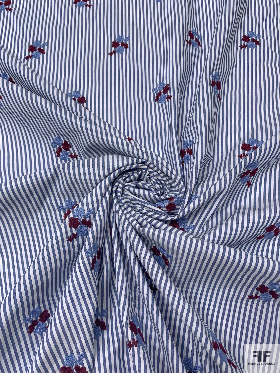 Ditsy Floral Embroidered Cotton Shirting - Blue / White / Purplish Brown 3 Ditsy Floral Embroidered Cotton Shirting - Blue / White / Purplish Brown