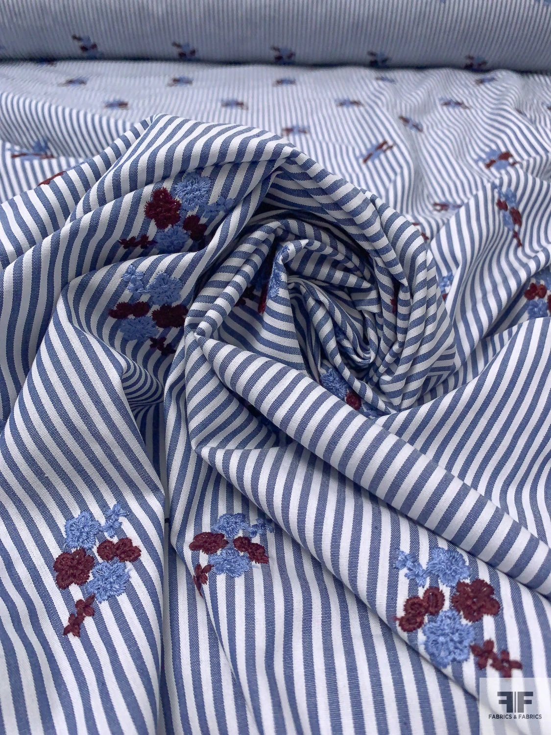 Ditsy Floral Embroidered Cotton Shirting - Blue / White / Purplish Brown 6 Ditsy Floral Embroidered Cotton Shirting - Blue / White / Purplish Brown - Image 4
