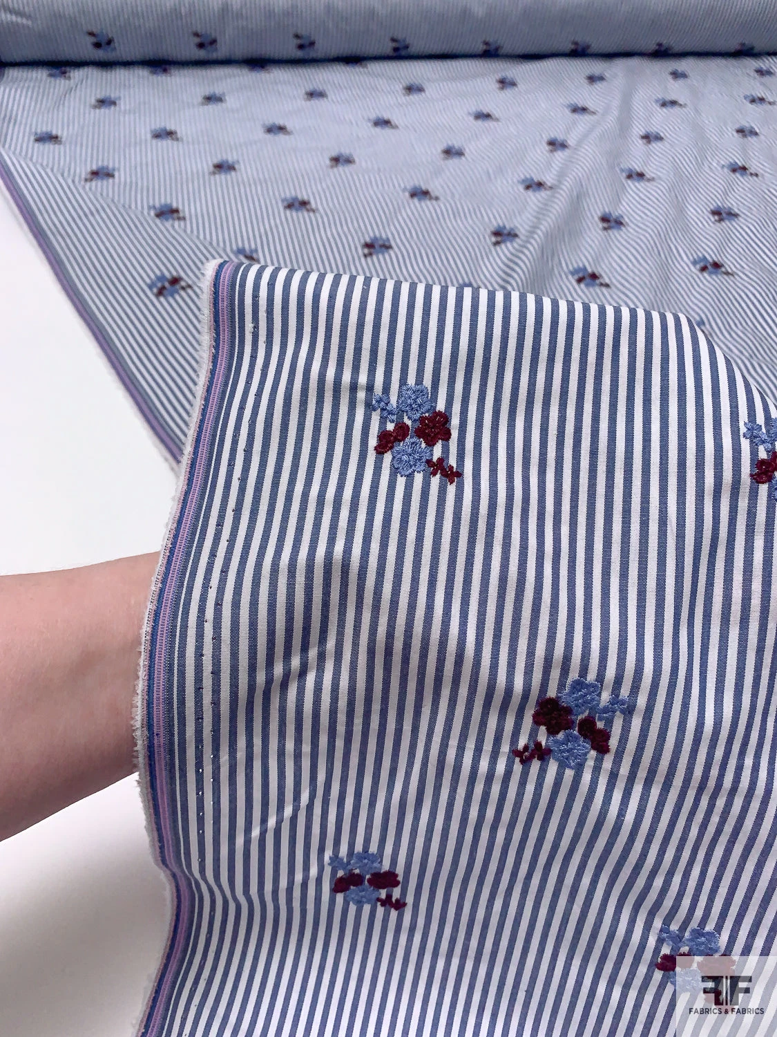 Ditsy Floral Embroidered Cotton Shirting - Blue / White / Purplish Brown 12 Ditsy Floral Embroidered Cotton Shirting - Blue / White / Purplish Brown - Image 10