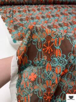 Stencil Floral Printed Cotton Voile - Dusty Turquoise / Hot Orange / Cherry Brown -Fabrics And Fabrics Store 19255 10 5296a04d ae32 4b81 8826 a5eef31a21ae