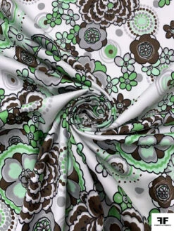 Jovial Floral Printed Stretch Fine Cotton Twill-Sateen - Greens / Brown / Grey / White -Fabrics And Fabrics Store 19280 1