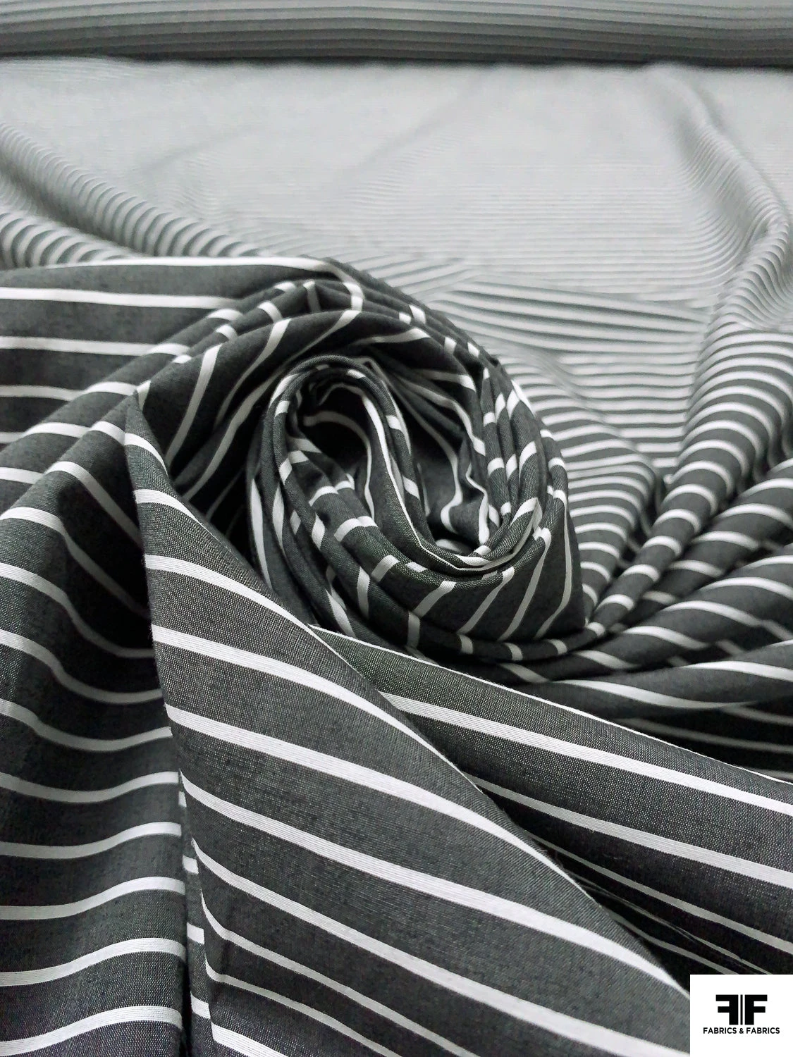 Italian Horizontal Striped Yarn-Dyed Cotton-Silk Shirting - Soft Black / White 6 Italian Horizontal Striped Yarn-Dyed Cotton-Silk Shirting - Soft Black / White - Image 4