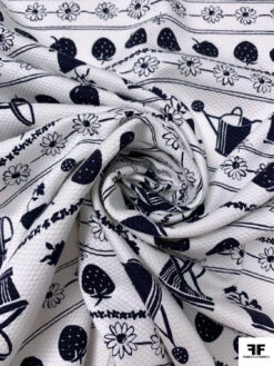 Garden Theme Striped Printed Birds Eye Cotton Pique - Navy / White -Fabrics And Fabrics Store 19296 1