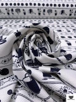 Garden Theme Striped Printed Birds Eye Cotton Pique - Navy / White -Fabrics And Fabrics Store 19296 3