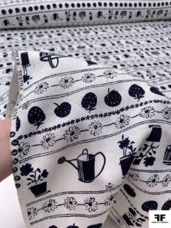 Garden Theme Striped Printed Birds Eye Cotton Pique - Navy / White -Fabrics And Fabrics Store 19296 9