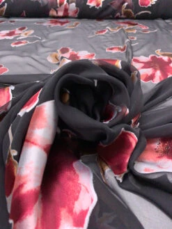 Floral Printed Burnout Silk Blend Chiffon - Cranberry / Black / Brown -Fabrics And Fabrics Store 19338 3