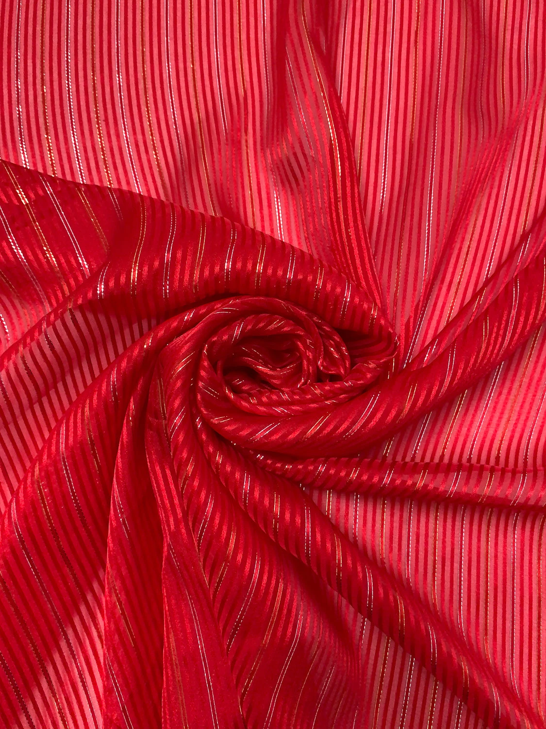 Satin Striped Silk Chiffon With Lurex Pinstripes - Hot Red / Gold / Silver 3 Satin Striped Silk Chiffon With Lurex Pinstripes - Hot Red / Gold / Silver