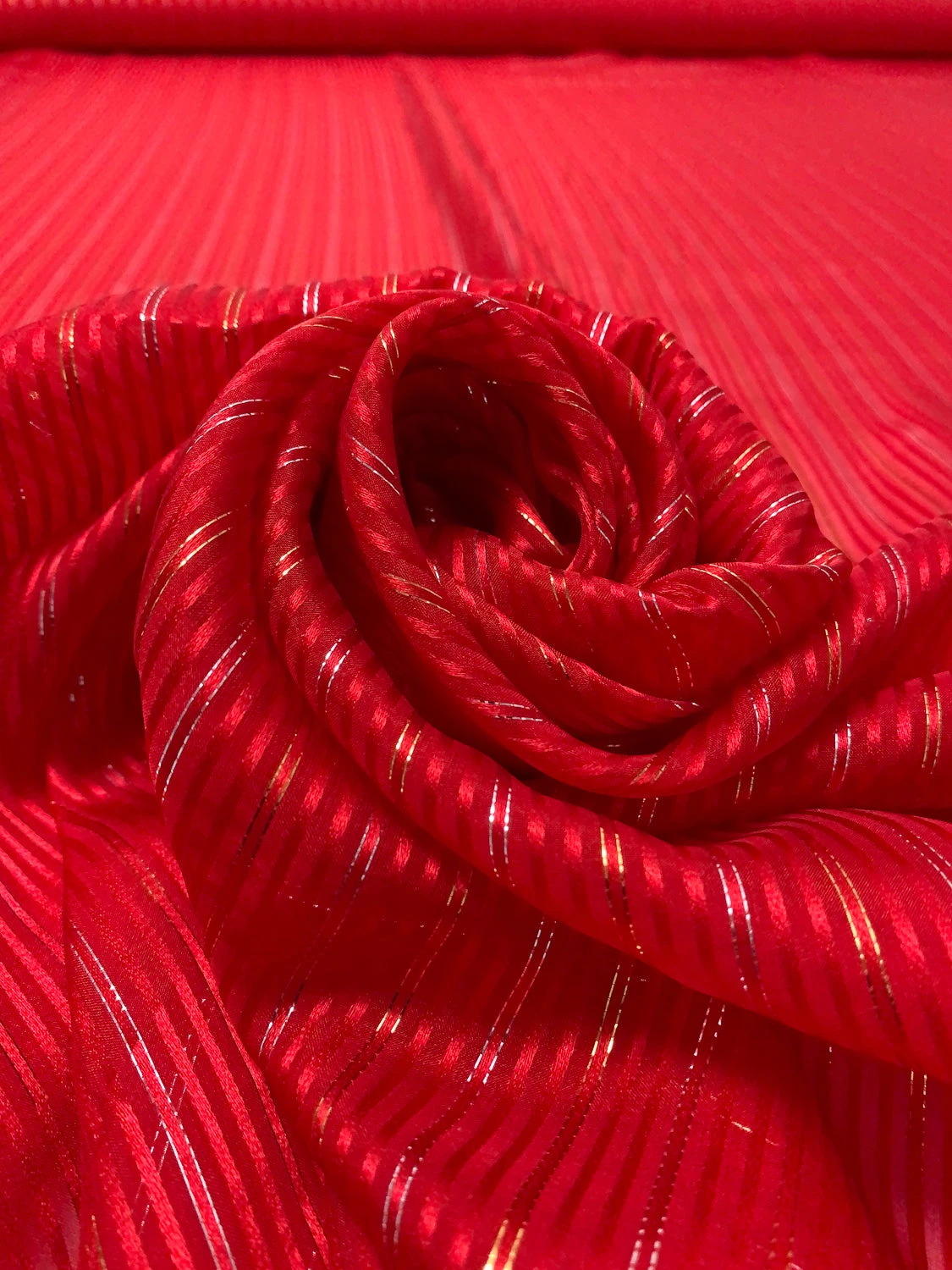 Satin Striped Silk Chiffon With Lurex Pinstripes - Hot Red / Gold / Silver 5 Satin Striped Silk Chiffon With Lurex Pinstripes - Hot Red / Gold / Silver - Image 3