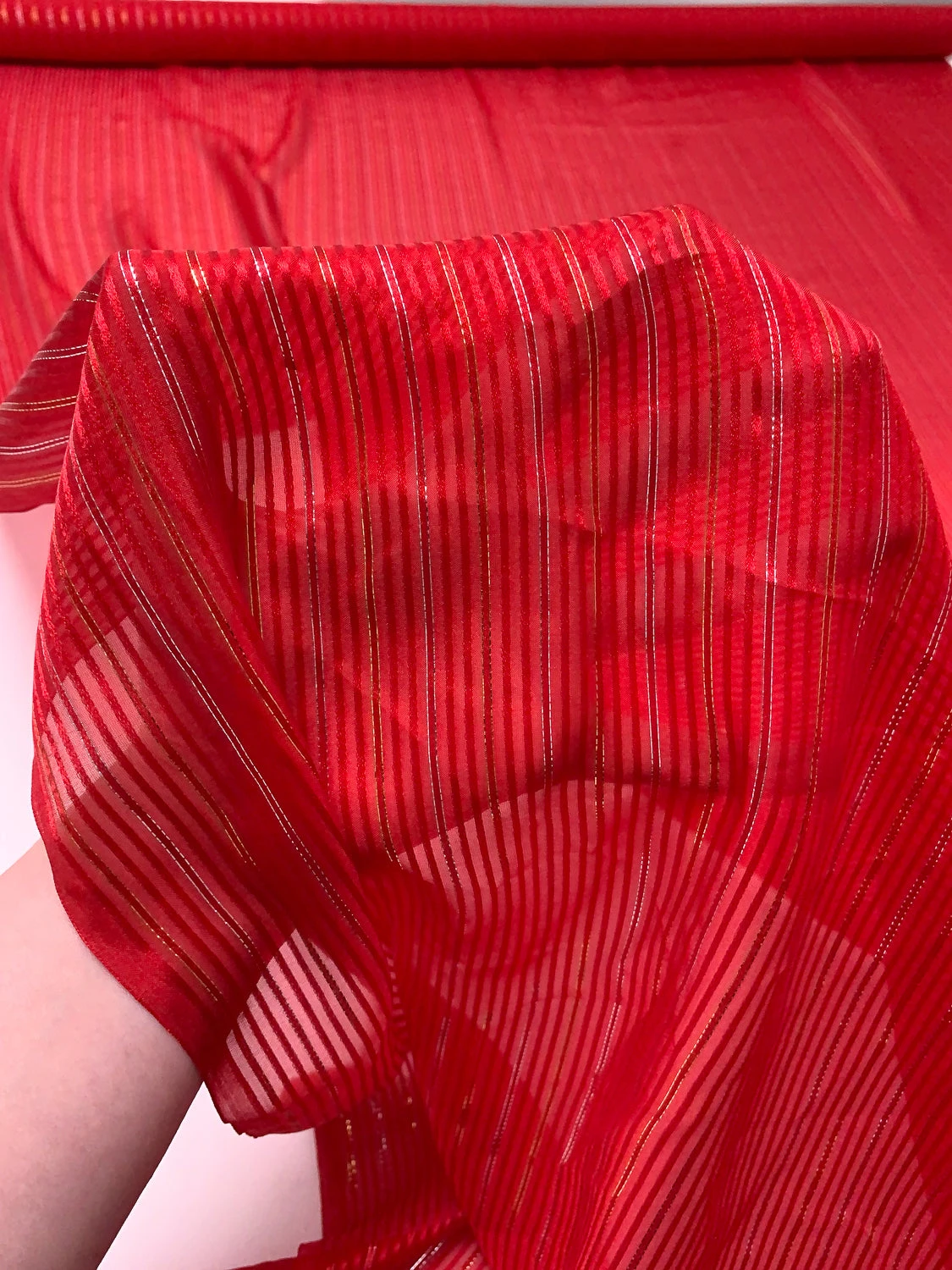 Satin Striped Silk Chiffon With Lurex Pinstripes - Hot Red / Gold / Silver 11 Satin Striped Silk Chiffon With Lurex Pinstripes - Hot Red / Gold / Silver - Image 9