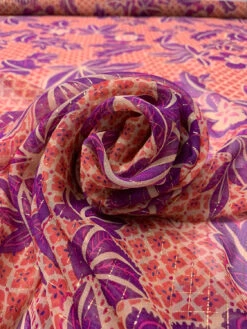 Floral Leaf And Lattice Printed Silk Chiffon With Lurex Pinstripes - Purple / Magenta / Beige / Coral -Fabrics And Fabrics Store 19350 3