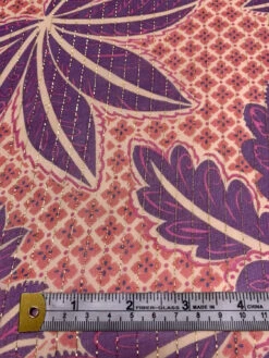 Floral Leaf And Lattice Printed Silk Chiffon With Lurex Pinstripes - Purple / Magenta / Beige / Coral -Fabrics And Fabrics Store 19350 6