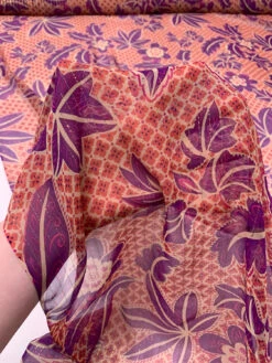 Floral Leaf And Lattice Printed Silk Chiffon With Lurex Pinstripes - Purple / Magenta / Beige / Coral