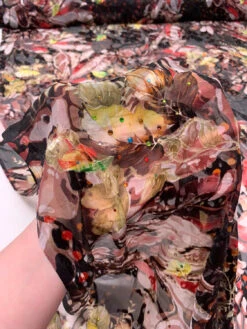 Abstract Floral Printed Silk-Rayon Burnout Chiffon With Stones - Dusty Rose / Red / Black / Yellow