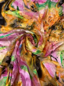 Painterly Abstract Printed Silk-Rayon Burnout Chiffon With Stones - Yellow / Orange / Pink / Green / Black