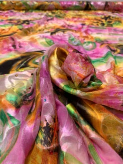 Painterly Abstract Printed Silk-Rayon Burnout Chiffon With Stones - Yellow / Orange / Pink / Green / Black -Fabrics And Fabrics Store 19361 3