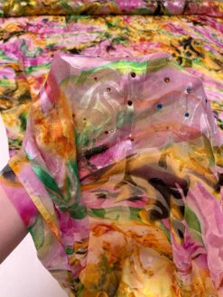 Painterly Abstract Printed Silk-Rayon Burnout Chiffon With Stones - Yellow / Orange / Pink / Green / Black -Fabrics And Fabrics Store 19361 9