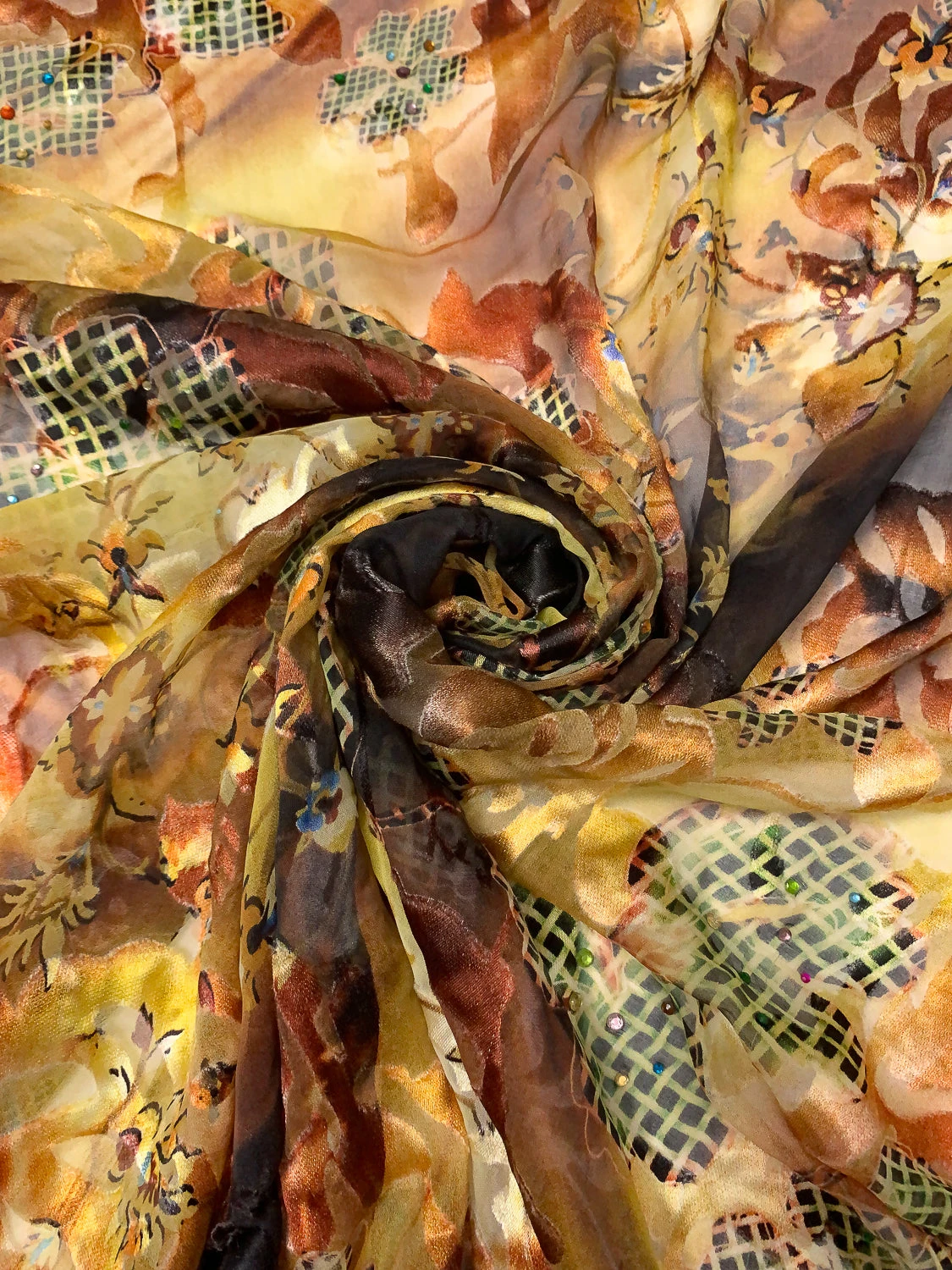 Basket And Vine Floral Printed Silk-Rayon Burnout Chiffon With Stones - Browns / Autumn Greens / Yellow 5 Basket And Vine Floral Printed Silk-Rayon Burnout Chiffon With Stones - Browns / Autumn Greens / Yellow - Image 3