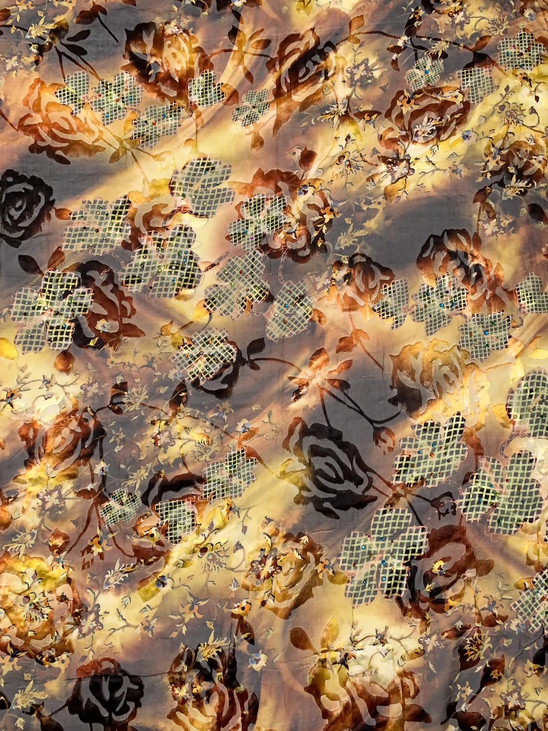 Basket And Vine Floral Printed Silk-Rayon Burnout Chiffon With Stones - Browns / Autumn Greens / Yellow 6 Basket And Vine Floral Printed Silk-Rayon Burnout Chiffon With Stones - Browns / Autumn Greens / Yellow - Image 4