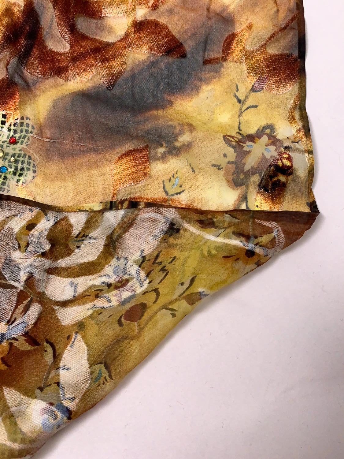 Basket And Vine Floral Printed Silk-Rayon Burnout Chiffon With Stones - Browns / Autumn Greens / Yellow 9 Basket And Vine Floral Printed Silk-Rayon Burnout Chiffon With Stones - Browns / Autumn Greens / Yellow - Image 7