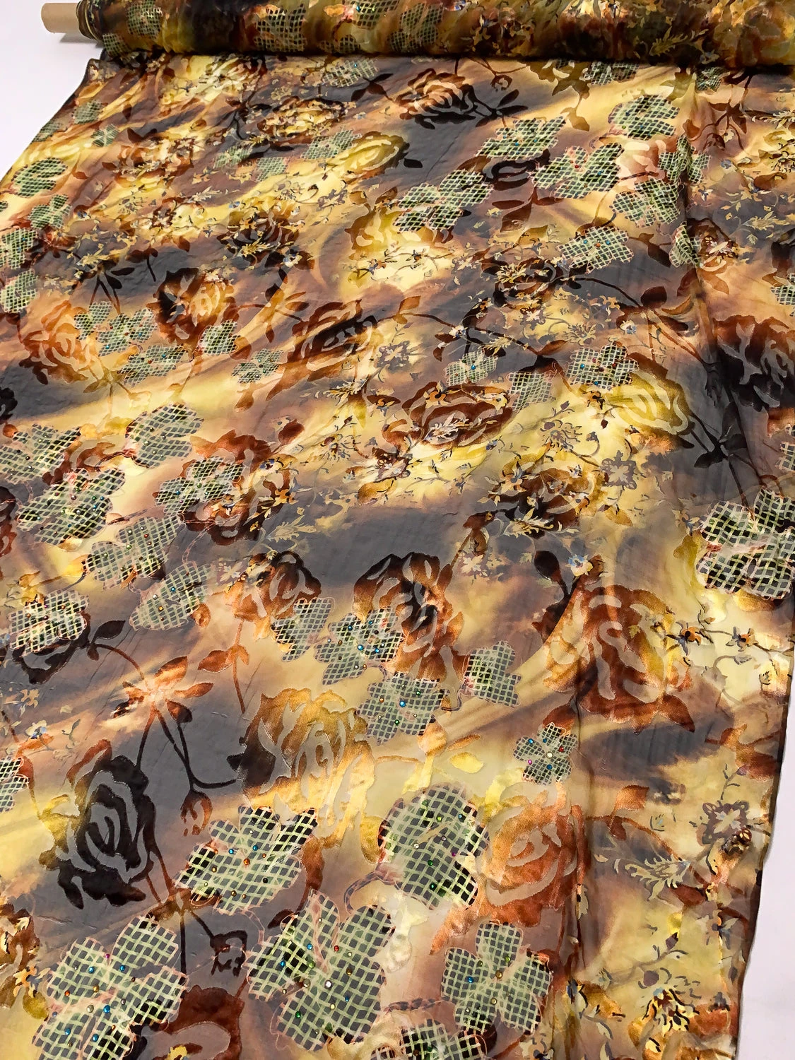 Basket And Vine Floral Printed Silk-Rayon Burnout Chiffon With Stones - Browns / Autumn Greens / Yellow 10 Basket And Vine Floral Printed Silk-Rayon Burnout Chiffon With Stones - Browns / Autumn Greens / Yellow - Image 8