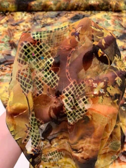 Basket And Vine Floral Printed Silk-Rayon Burnout Chiffon With Stones - Browns / Autumn Greens / Yellow