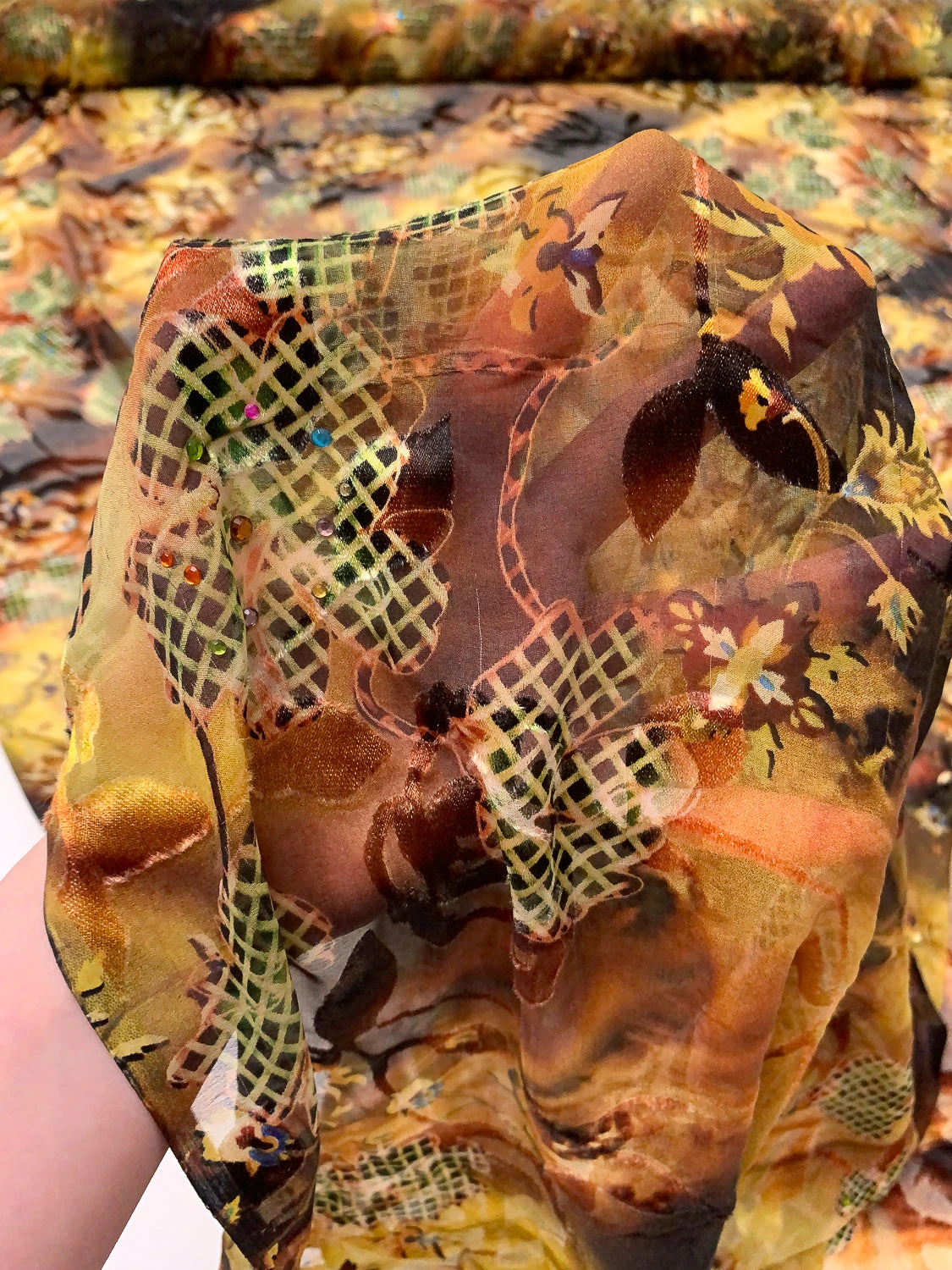 Basket And Vine Floral Printed Silk-Rayon Burnout Chiffon With Stones - Browns / Autumn Greens / Yellow 3 Basket And Vine Floral Printed Silk-Rayon Burnout Chiffon With Stones - Browns / Autumn Greens / Yellow