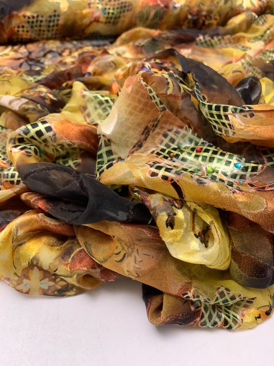 Basket And Vine Floral Printed Silk-Rayon Burnout Chiffon With Stones - Browns / Autumn Greens / Yellow 11 Basket And Vine Floral Printed Silk-Rayon Burnout Chiffon With Stones - Browns / Autumn Greens / Yellow - Image 9