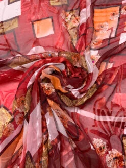 Geometric Floral And Paisley Printed Silk-Rayon Burnout Chiffon With Stones - Soft Red / Maroon / Light Olive / Orange -Fabrics And Fabrics Store 19371 2